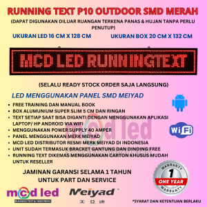 RUNNING TEXT P10 LED SMD OUTDOOR WARNA MERAH UKURAN LED 16X128 CM UKURAN BOX 20X132 CM
