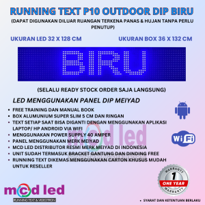RUNNING TEXT 32X128 CM P10 LED DIP OUTDOOR WARNA BIRU UKURAN BOX 36X132 CM